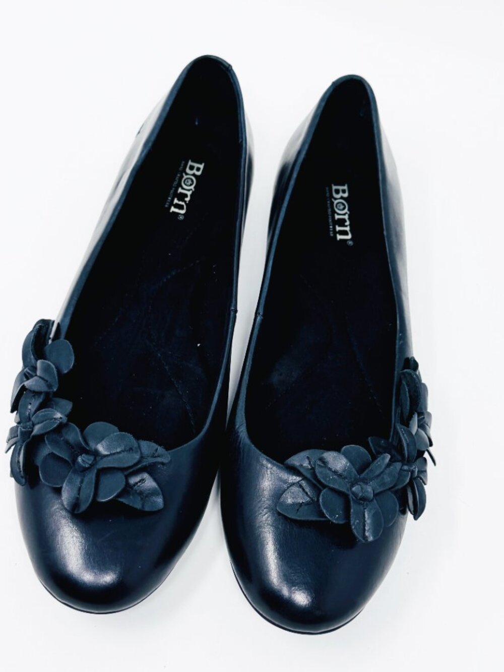 Born Women Black Leather Floral Accent Slip on Flat  Size 8.5